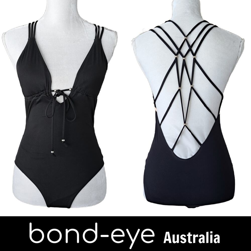 Bond-Eye Australia Black Strappy Back One Piece Swimsuit Plunge Front Size 6